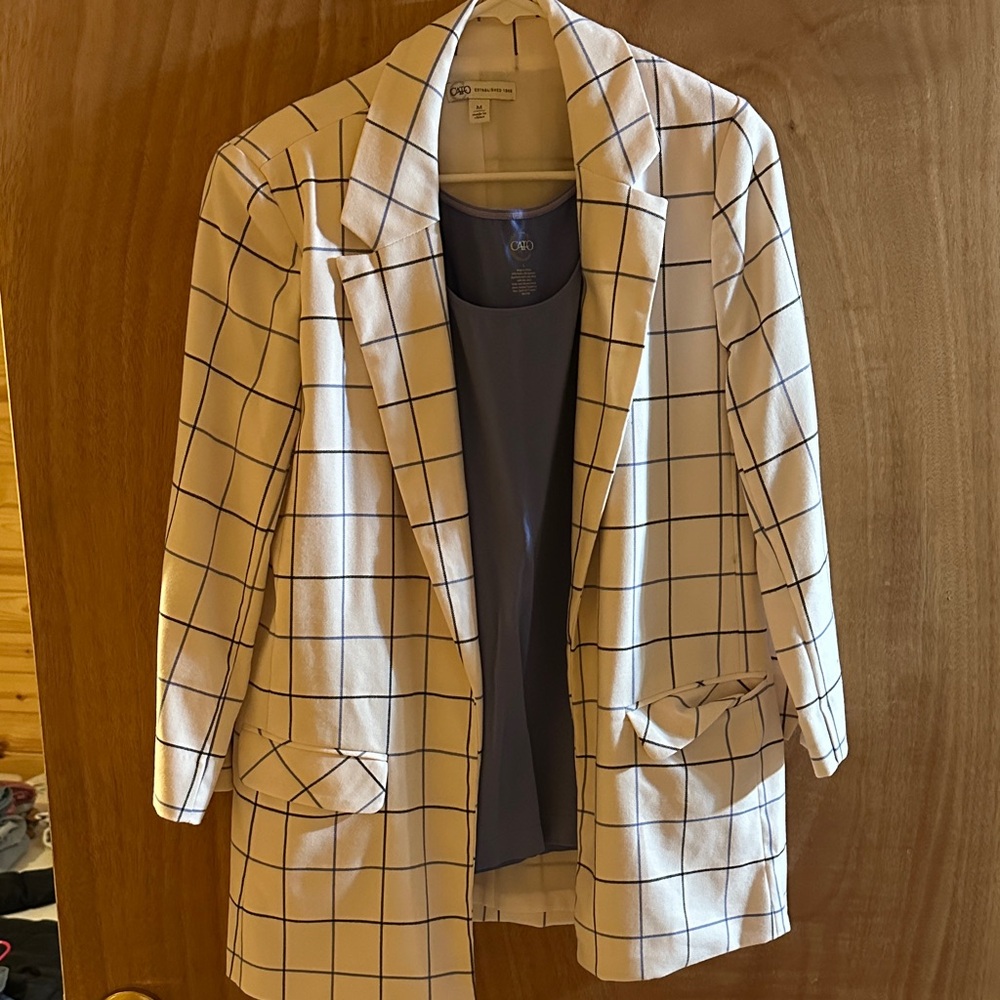 H&M White and Blue Grid Blazer